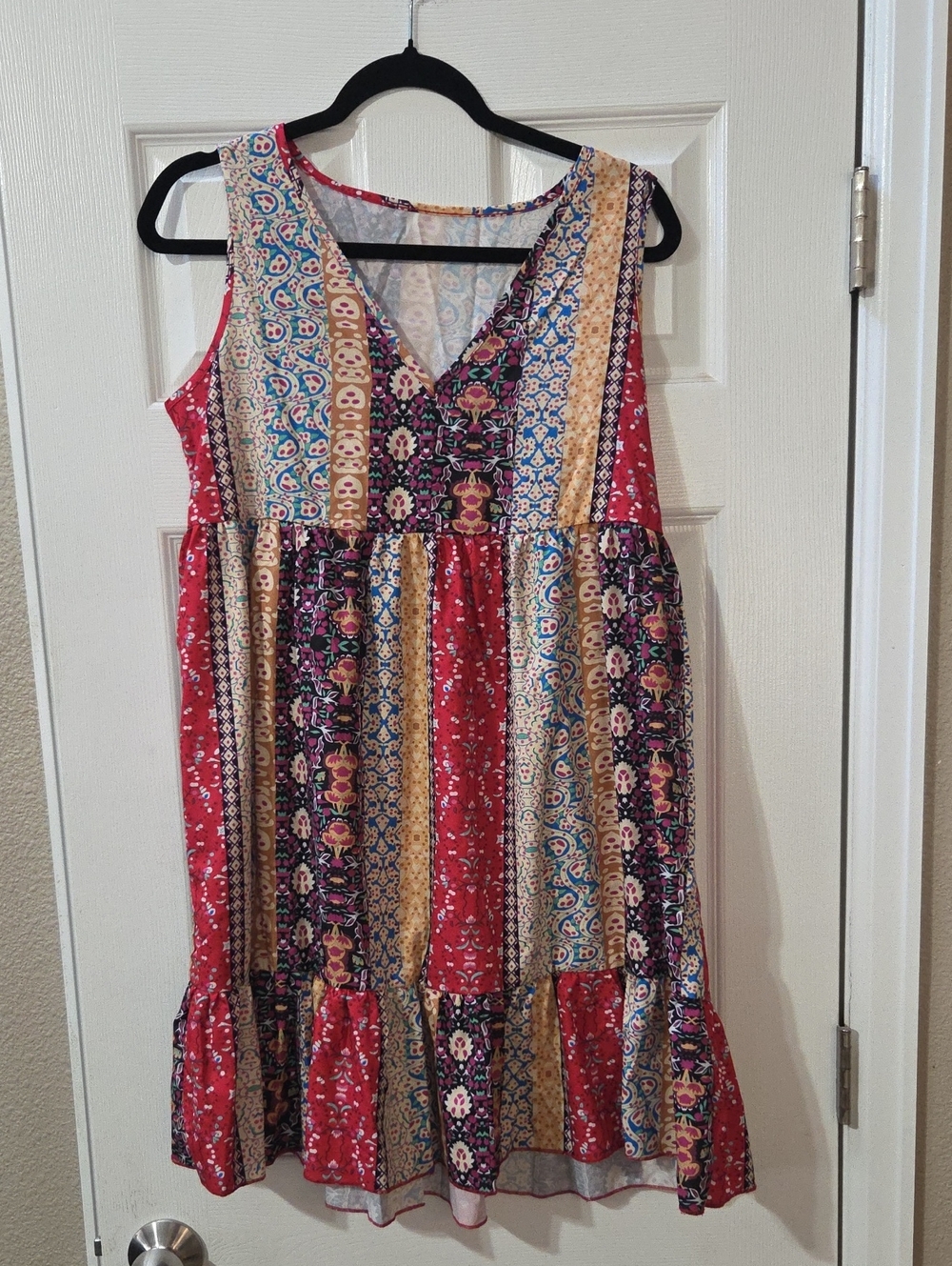 Boho Patchwork Sleeveless V-Neck Sundress in Red, Blue & Mustard